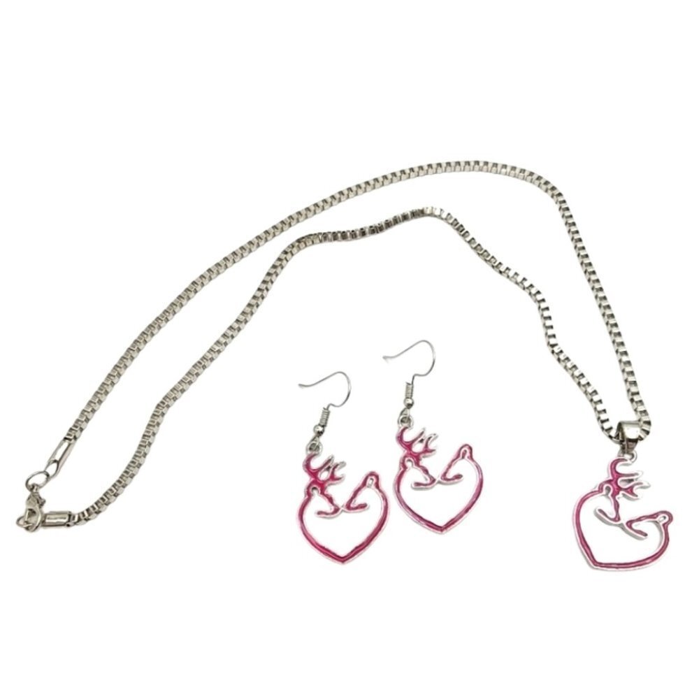 3/$20 Womens Necklace Drop Earrings Jewelry Set Silver Plated Deer Pendant Pink
